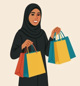 رسم كرتوني لشخصية امرأة عربية خليجية سعودية ترتدي الحجاب والعباءة تمسك بيدها أسواق التسوق الملونة، التسوق وشراء المستلزمات، الاثر الايجابي والمتعة بالتسوق، فيكتور اليستريتور، خلفية بيضاء