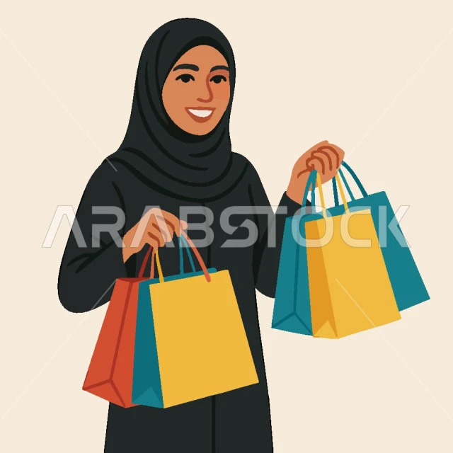 رسم كرتوني لشخصية امرأة عربية خليجية سعودية ترتدي الحجاب والعباءة تمسك بيدها أسواق التسوق الملونة، التسوق وشراء المستلزمات، الاثر الايجابي والمتعة بالتسوق، فيكتور اليستريتور، خلفية بيضاء
