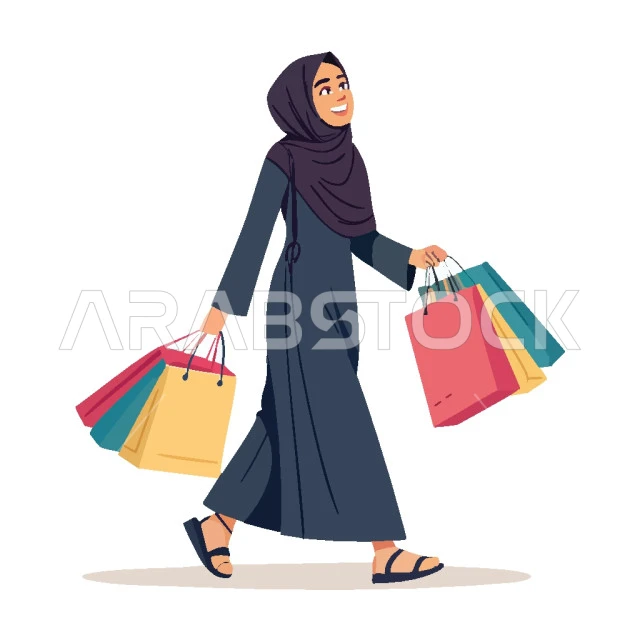 Cartoon of a Saudi Arabian Gulf woman wearing hijab and abaya holding colorful shopping malls, shopping and buying supplies, positive effect and enjoyment of shopping, vector illustrator, white background