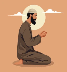 Arab Gulf Saudi Muslim man praying, worship and getting closer to God, bowing and prostrating to God, performing Islamic religious duties, brown background, vector illustrator