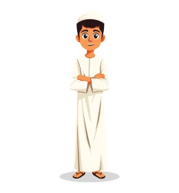 Self-confidence gestures, concern for appearance, Saudi Arabian Gulf boy wearing traditional dress standing with crossed hands with expressions of pleasure and happiness, full body image, illustrator vector, white background