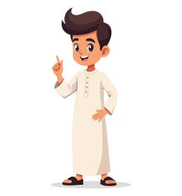 الاهتمام بالمظهر الخارجي، ولد عربي خليجي سعودي يرتدي ثوب تقليدي يقف باستقامة يرفع اصبع السبابة لأعلى تعابير السرور والسعادة, صورة الجسم بالطول الكامل، فيكتور اليستريتور، خلفية بيضاء