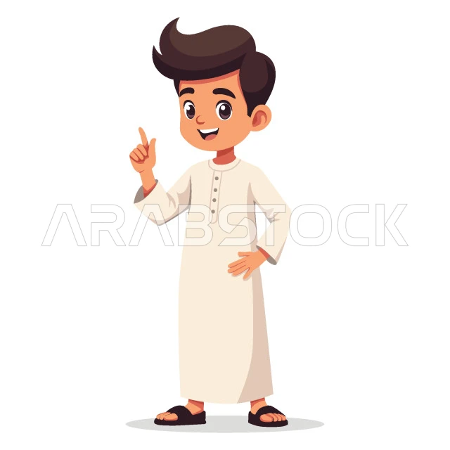 الاهتمام بالمظهر الخارجي، ولد عربي خليجي سعودي يرتدي ثوب تقليدي يقف باستقامة يرفع اصبع السبابة لأعلى تعابير السرور والسعادة, صورة الجسم بالطول الكامل، فيكتور اليستريتور، خلفية بيضاء