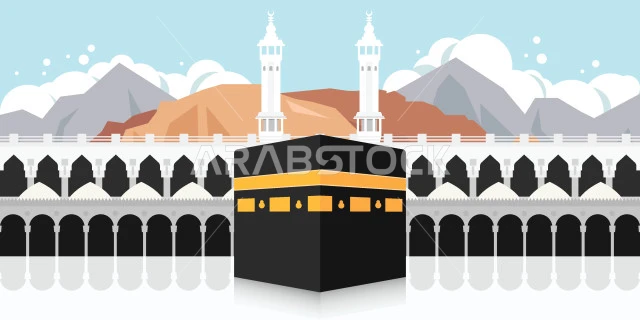 قبلة الاسلام والمسلمين، رسم توضيحي لبيت الله الحرام في الحرم المكي الشريف في المملكة العربية السعودية، أماكن ومعالم إسلامية مقدسة، الكعبة المشرفة في مكة المكرمة، أداء مناسك الحج والعمرة، فيكتور اليستريتور