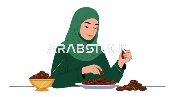 محصول ومنتج زراعي محلي وطني سعودي، امراة عربية خليجية سعودية محجبة ترتدي عباءة تحمل بيدها طبق من التمر السكري الصحي الطازج, ضيافة رمضانية لذيذة، وجبة ذات قيمة غذائية عالية، حبات الرطب الشهية، خلفية بيضاء, فيكتور اليستريتور