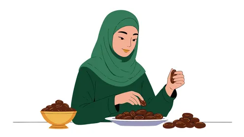 محصول ومنتج زراعي محلي وطني سعودي، امراة عربية خليجية سعودية محجبة ترتدي عباءة تحمل بيدها طبق من التمر السكري الصحي الطازج, ضيافة رمضانية لذيذة، وجبة ذات قيمة غذائية عالية، حبات الرطب الشهية، خلفية بيضاء, فيكتور اليستريتور