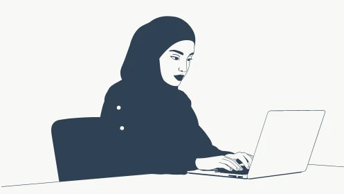  استخدام جهاز تقني حديث ومتطور، صورة مقربة لامرأة عربيه خليجية سعودية محجبة ترتدي العباءة تستخدم الحاسوب المحمول، العمل عن بعد، خلفية بيضاء، فيكتور اليستريتور