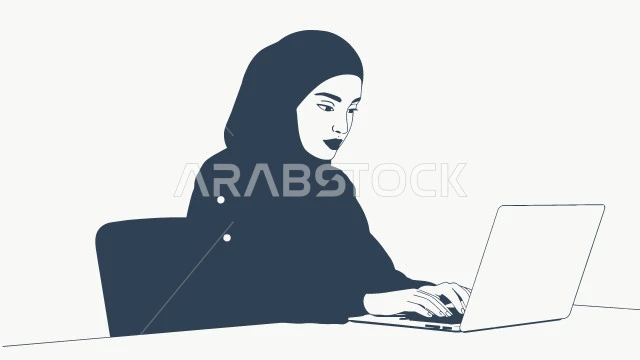  استخدام جهاز تقني حديث ومتطور، صورة مقربة لامرأة عربيه خليجية سعودية محجبة ترتدي العباءة تستخدم الحاسوب المحمول، العمل عن بعد، خلفية بيضاء، فيكتور اليستريتور