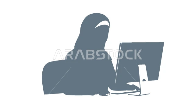 Using a modern and advanced technical device, close-up image of a veiled Saudi Arabian Gulf woman wearing an abaya using a laptop, working remotely, white background, vector illustrator