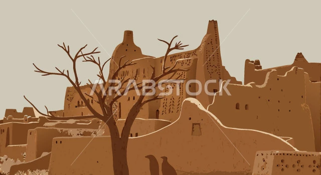 الفن الهندسي المعماري القديم لأسوار قصر سلوى، الدرعية في مدينة الرياض في المملكة العربية السعودية ، مركز ثقافي سياحي، المباني الاثرية المبنية من الطين، معالم تاريخية تراثيه،  فيكتور اليستريتور