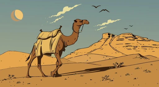مفهوم الاهتمام والعناية بالثدييات، حيوان الجمل وسط الرمال الذهبية في الصحاري, وسائل النقل القديمة في المملكة العربية السعودية, رسوم توضيحية لسفينة الصحراء, خلفية الطبيعة, فيكتور اليستريتور