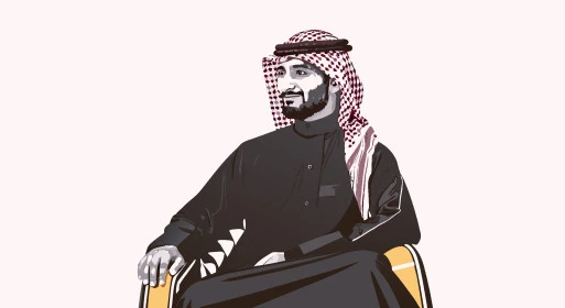 الاهتمام بالأناقة والمظهر الخارجي، رجل عربي خليجي سعودي يرتدي الشماغ والثوب التقليدي ينظر الى شيء ما بإيماءات الثقة بالنفس والرجولة، خلفية بيضاء، فيكتور اليستريتور