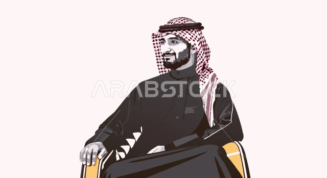 Concern for elegance and outward appearance, a Saudi Arabian Gulf man wearing a traditional shemagh and thobe looking at something with gestures of self-confidence and masculinity, white background, vector illustrator