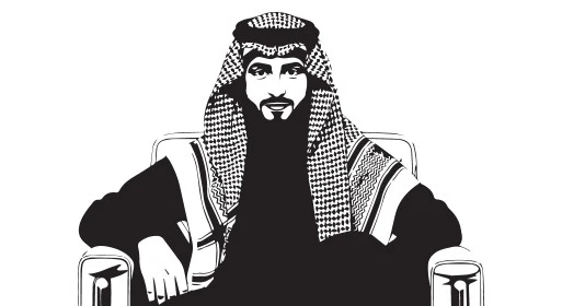 Concern for elegance and outward appearance, a Saudi Arabian Gulf man wearing a traditional shemagh and thobe looks at the camera with gestures of self-confidence and masculinity, white background, Illustrator vector