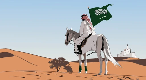 اليوم الوطني السعودي في 23 سبتمبر, يوم العلم 11 مارس, رجل عربي خليجي سعودي يرتدي الشماغ والثوب التقليدي يمتطي الحصان الابيض على الرمال الذهبية الناعمة , رفع علم المملكة في الصحراء، فيكتور اليستريتور