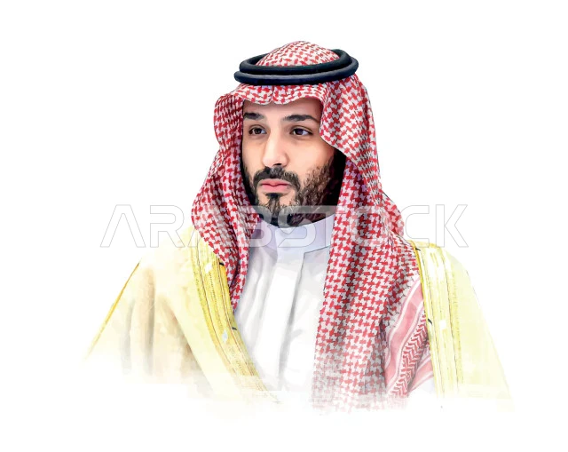 الأمير محمد بن سلمان بن عبد العزيز آل سعود، ولي عهد الملك في المملكة العربية السعودية، تصاميم ورسومات متنوعة، خلفية بيضاء، فيكتور اليستريتور