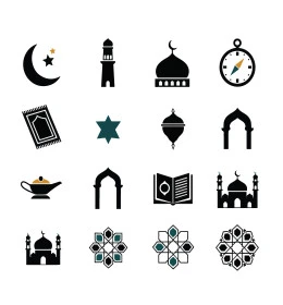 ايقونات شهر رمضان المبارك والعيد، أعياد ومناسبات دينية اسلامية، مفهوم العبادة والتقرب الى الله تعالى, خلفية بيضاء، فيكتور اليستريتور