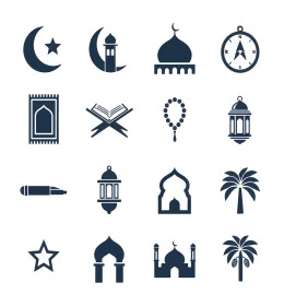 Icons of the holy month of Ramadan and Eid, Islamic religious holidays and occasions, the concept of worship and closeness to God Almighty, white background, Illustrator vector