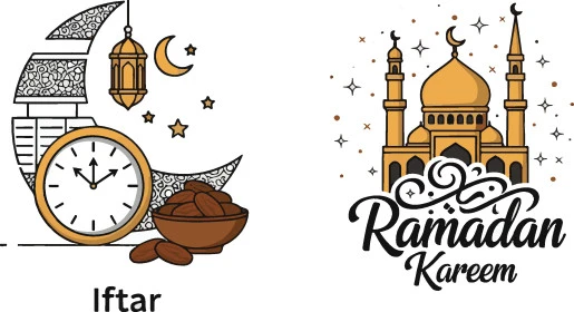 Icons and symbols of the holy month of Ramadan, Islamic religious holidays and occasions, the concept of worship and drawing closer to God Almighty, white background, Illustrator vector