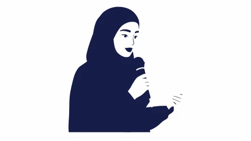 الاستمتاع بأداء المواهب الصوتية، تقديم العروضات المسرحية، ممارسة موهبة الغناء، الاناقة والاهتمام بالمظهر الخارجي, رسوم كرتونية لشخصية امرأة عربية خليجية سعودية محجبة ترتدي العباءة تحمل بيدها المايك, خلفية بيضاء, فيكتور اليستريتور