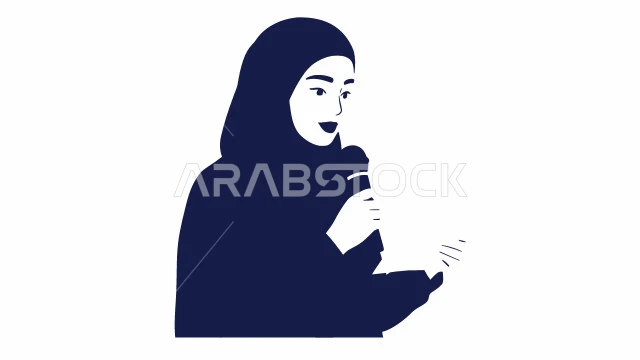 الاستمتاع بأداء المواهب الصوتية، تقديم العروضات المسرحية، ممارسة موهبة الغناء، الاناقة والاهتمام بالمظهر الخارجي, رسوم كرتونية لشخصية امرأة عربية خليجية سعودية محجبة ترتدي العباءة تحمل بيدها المايك, خلفية بيضاء, فيكتور اليستريتور