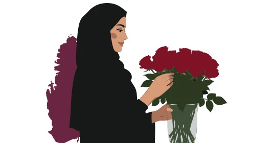 بيع وشراء الورود الطبيعية, تقديم الأزهار في المناسبات السعيدة, تنسيق باقات الزهور في الأعياد، الاناقة والاهتمام بالمظهر الخارجي, رسوم كرتونية لشخصية امرأة عربية خليجية سعودية محجبة ترتدي العباءة تحمل بيدها باقة ورد, خلفية بيضاء, فيكتور اليستريتور