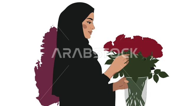 بيع وشراء الورود الطبيعية, تقديم الأزهار في المناسبات السعيدة, تنسيق باقات الزهور في الأعياد، الاناقة والاهتمام بالمظهر الخارجي, رسوم كرتونية لشخصية امرأة عربية خليجية سعودية محجبة ترتدي العباءة تحمل بيدها باقة ورد, خلفية بيضاء, فيكتور اليستريتور