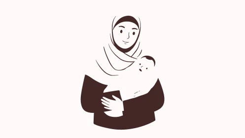 مفهوم الامومة والطفولة، التعامل مع الأطفال الرضع، الاناقة والاهتمام بالمظهر الخارجي, رسوم كرتونية لشخصية امرأة عربية خليجية سعودية محجبة ترتدي العباءة تحمل بيدها رضيعتها, خلفية بيضاء, فيكتور اليستريتور