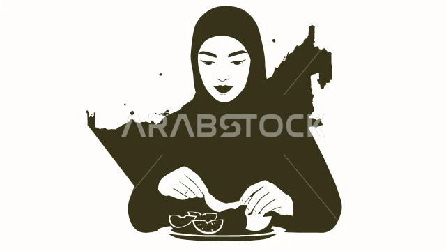 مفهوم النعومة الاناقة، الاهتمام بالمظهر الخارجي, رسوم كرتونية لشخصية امرأة عربية خليجية سعودية محجبة ترتدي العباءة تقوم بتناول الفواكة, خلفية بيضاء, فيكتور اليستريتور