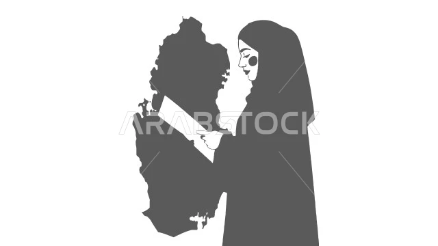 كتابة وتدوين شيء ما، مفهوم النعومة الاناقة، الاهتمام بالمظهر الخارجي, رسوم كرتونية لشخصية امرأة عربية خليجية سعودية محجبة ترتدي العباءة تحمل بيدها دفتر للتسجيل, خلفية بيضاء, فيكتور اليستريتور