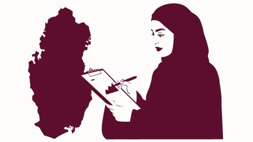 كتابة وتدوين شيء ما، مفهوم النعومة الاناقة، الاهتمام بالمظهر الخارجي, رسوم كرتونية لشخصية امرأة عربية خليجية سعودية محجبة ترتدي العباءة تحمل بيدها دفتر للتسجيل, خلفية بيضاء, فيكتور اليستريتور