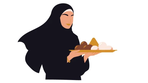 مأكولات غنية بالسكريات والسعرات الحرارية, الاستمتاع بالأطعمة اللذيذة والحلويات, الاهتمام بالمظهر الخارجي, رسوم كرتونية لشخصية امرأة عربية خليجية سعودية محجبة ترتدي العباءة تحمل بيدها طبق من الحلو, خلفية بيضاء, فيكتور اليستريتور