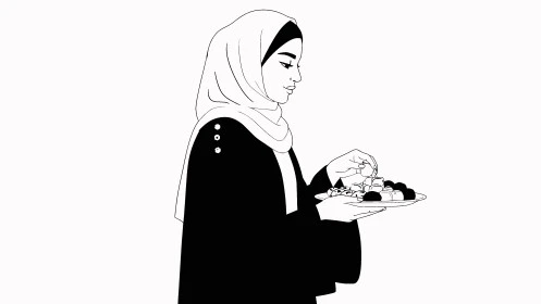 مأكولات غنية بالسكريات والسعرات الحرارية, الاستمتاع بالأطعمة اللذيذة والحلويات, الاهتمام بالمظهر الخارجي, رسوم كرتونية لشخصية امرأة عربية خليجية سعودية محجبة ترتدي العباءة تحمل بيدها طبق من الحلو, خلفية بيضاء, فيكتور اليستريتور