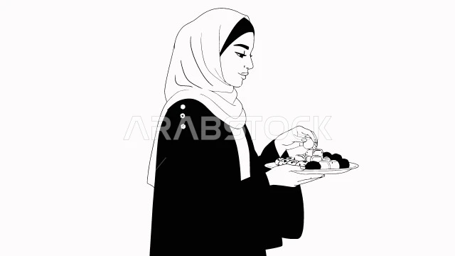 مأكولات غنية بالسكريات والسعرات الحرارية, الاستمتاع بالأطعمة اللذيذة والحلويات, الاهتمام بالمظهر الخارجي, رسوم كرتونية لشخصية امرأة عربية خليجية سعودية محجبة ترتدي العباءة تحمل بيدها طبق من الحلو, خلفية بيضاء, فيكتور اليستريتور
