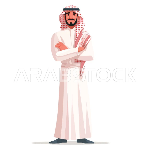 Concern for elegance and outward appearance, a Saudi Arabian Gulf man wearing a traditional shemagh and thobe looks at the camera with gestures of self-confidence and masculinity, white background, Illustrator vector