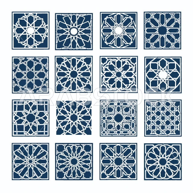 تصميم ديكور ديني، قالب تصميم أرابيسك إسلامي مزخرف، زخارف اسلاميه بأشكال متنوعه، الفن الهندسي العصري الحديث، خلفية بيضاء، فيكتور اليستريتور