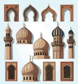 Ready-made templates and icons for mosque domes, holy religious places, Arabic mosque icon design, various Islamic drawings, white background, vector illustrator