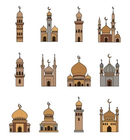 Ready-made templates and icons for mosque domes, holy religious places, Arabic mosque icon design, various Islamic drawings, white background, vector illustrator