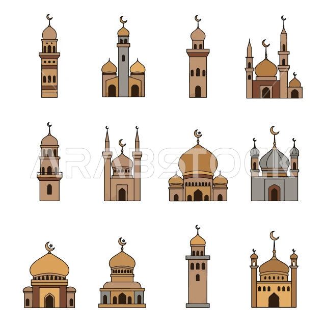 Ready-made templates and icons for mosque domes, holy religious places, Arabic mosque icon design, various Islamic drawings, white background, vector illustrator