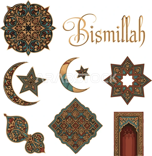 مخطوطة بسم الله باللغة الانجليزية، تصميم ديكور ديني، رموز و ايقونات دينية، رسوم توضيحية لنجمة وهلال، زخارف اسلاميه بأشكال متنوعه، الفن الهندسي العصري الحديث، خلفية بيضاء، فيكتور اليستريتور