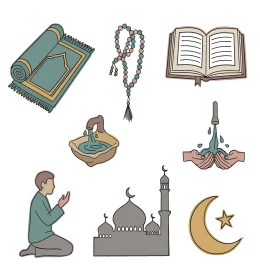 The concept of worship and closeness to God, Islamic religious design of ablution icon, rosary, Holy Quran and prayer rug, religious symbols and icons, illustration of a star and crescent, a man raising his hands up in supplication gestures, white background, vector illustrator