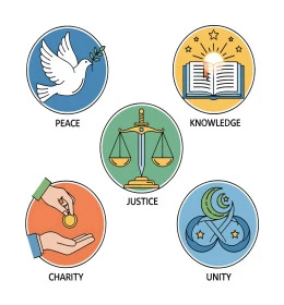 Basic concepts in Islam, Islamic religious design, symbols and icons representing peace, knowledge, justice, charity and unity, white background, vector illustrator