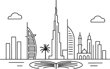 النمو والتطور العمراني، أماكن ومعالم سياحية مشهورة، رسوم توضيحية للأبراج وناطحات السحاب، برج خليفة في مدينة دبي، الفن الهندسي المعماري للمباني والمنشآت في الإمارات العربية المتحدة، خلفية بيضاء، فيكتور اليستريتور