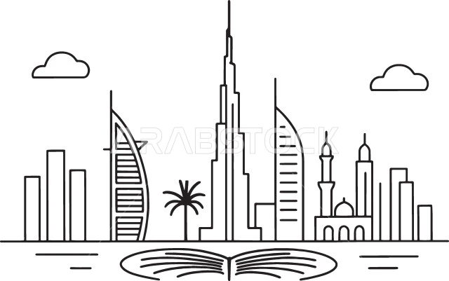 النمو والتطور العمراني، أماكن ومعالم سياحية مشهورة، رسوم توضيحية للأبراج وناطحات السحاب، برج خليفة في مدينة دبي، الفن الهندسي المعماري للمباني والمنشآت في الإمارات العربية المتحدة، خلفية بيضاء، فيكتور اليستريتور