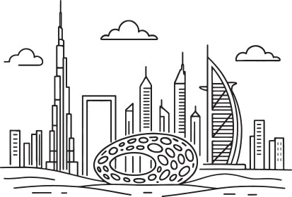 النمو والتطور العمراني، أماكن ومعالم سياحية مشهورة، رسوم توضيحية للأبراج وناطحات السحاب، برج خليفة في مدينة دبي، الفن الهندسي المعماري للمباني والمنشآت في الإمارات العربية المتحدة، خلفية بيضاء، فيكتور اليستريتور