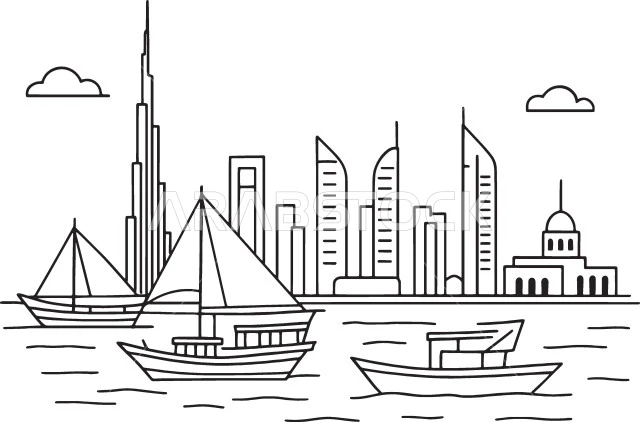 النمو والتطور العمراني، أماكن ومعالم سياحية مشهورة، رسوم توضيحية للأبراج وناطحات السحاب، برج خليفة في مدينة دبي، الفن الهندسي المعماري للمباني والمنشآت في الإمارات العربية المتحدة، خلفية بيضاء، فيكتور اليستريتور