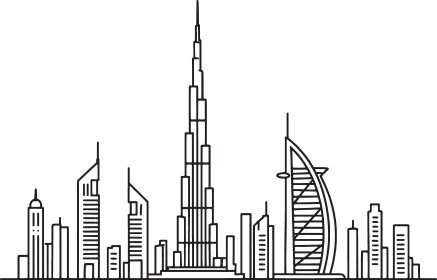 النمو والتطور العمراني، أماكن ومعالم سياحية مشهورة، رسوم توضيحية للأبراج وناطحات السحاب، برج خليفة في مدينة دبي، الفن الهندسي المعماري للمباني والمنشآت في الإمارات العربية المتحدة، خلفية بيضاء، فيكتور اليستريتور