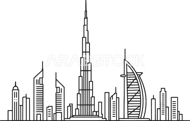 النمو والتطور العمراني، أماكن ومعالم سياحية مشهورة، رسوم توضيحية للأبراج وناطحات السحاب، برج خليفة في مدينة دبي، الفن الهندسي المعماري للمباني والمنشآت في الإمارات العربية المتحدة، خلفية بيضاء، فيكتور اليستريتور