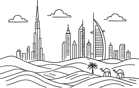 النمو والتطور العمراني، أماكن ومعالم سياحية مشهورة، رسوم توضيحية للأبراج وناطحات السحاب، برج خليفة في مدينة دبي، الفن الهندسي المعماري للمباني والمنشآت في الإمارات العربية المتحدة، خلفية بيضاء، فيكتور اليستريتور