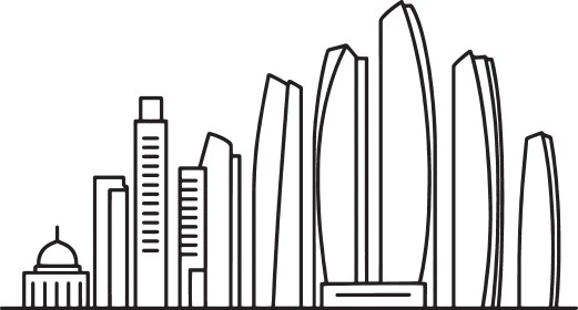 رسوم توضيحية للأبراج وناطحات السحاب في أبو ظبي، النمو والتطور العمراني، أماكن ومعالم سياحية مشهورة، الفن الهندسي المعماري للمباني والمنشآت في الإمارات العربية المتحدة، خلفية بيضاء، فيكتور اليستريتور